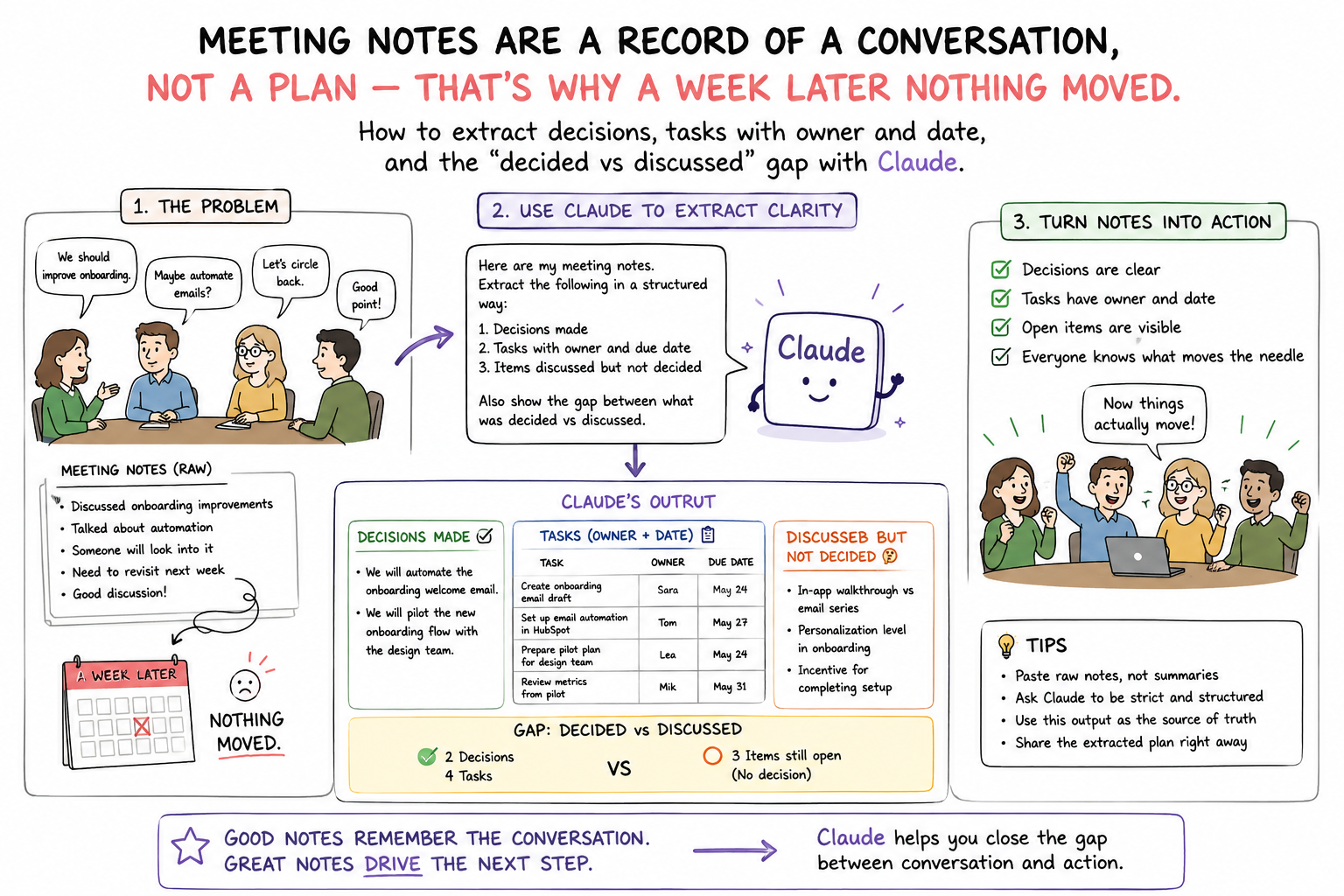 From Messy Notes to a Plan: Decisions, Tasks, and Who Owes What